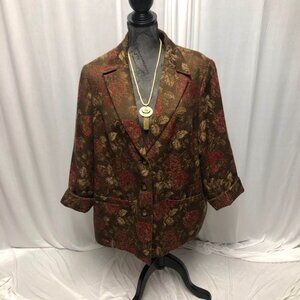 Maggie Barnes Jacket Womens Size 20W Brown Tan Red Floral Tapestry Blazer Office